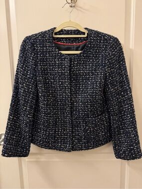 J. Crew Wool Blend Tweed Black Navy Bouclé Sparkle Cropped Jacket 3/4 Sleeve 8